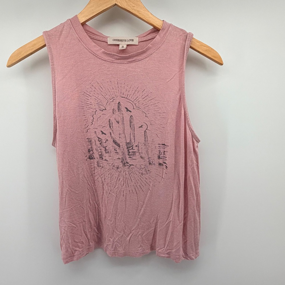 Obsessive Love Tank Top Womens S Pink Cactus Graphic Muscle Tee Desert Boho